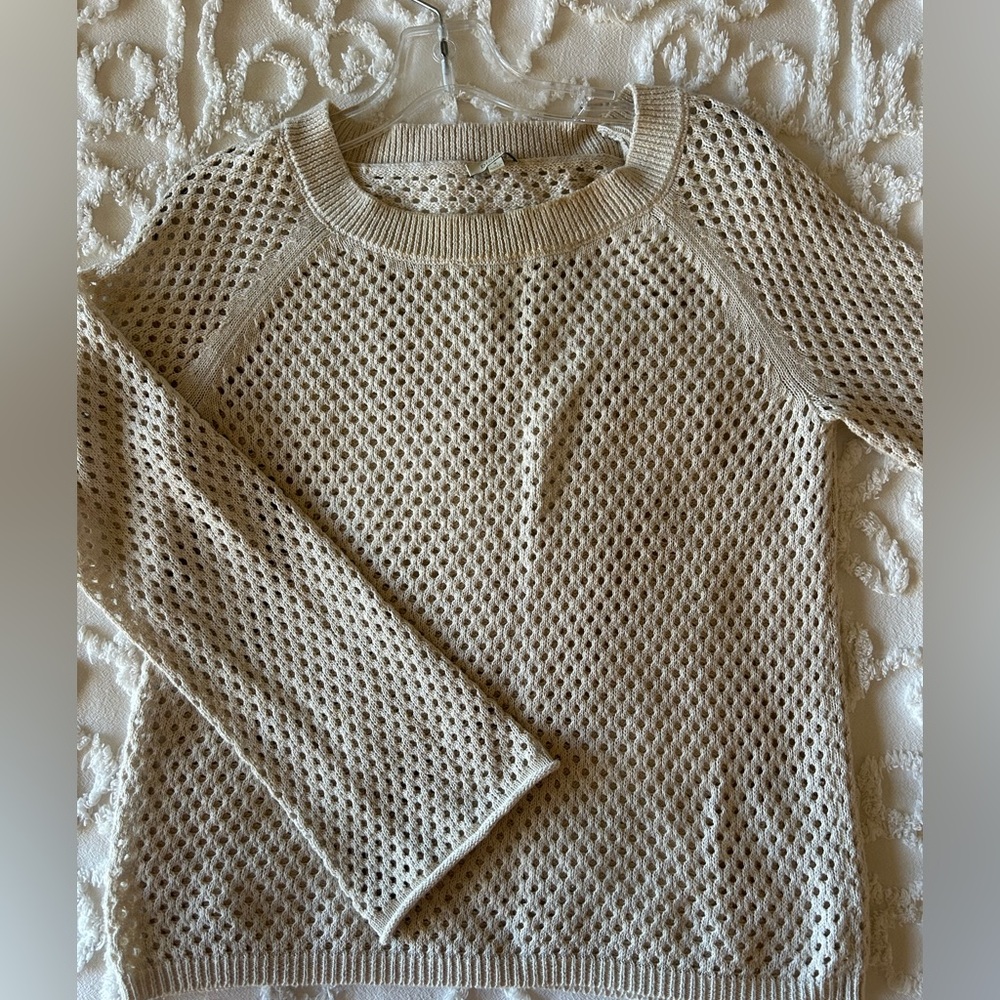 Project open knit pullover sweater, bell sleeve, 100% cotton, beige, size S